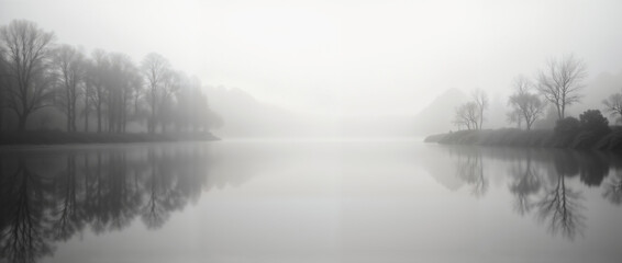 Ethereal Black and White Photography of Misty River Landscape with Atmospheric Morning Fog