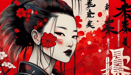 Naklejka premium Street art graffiti, Japanese women woman painted on graffiti art style with kanji latter background. Street art painting, Japanese style graffiti for tattoo and clothing design 