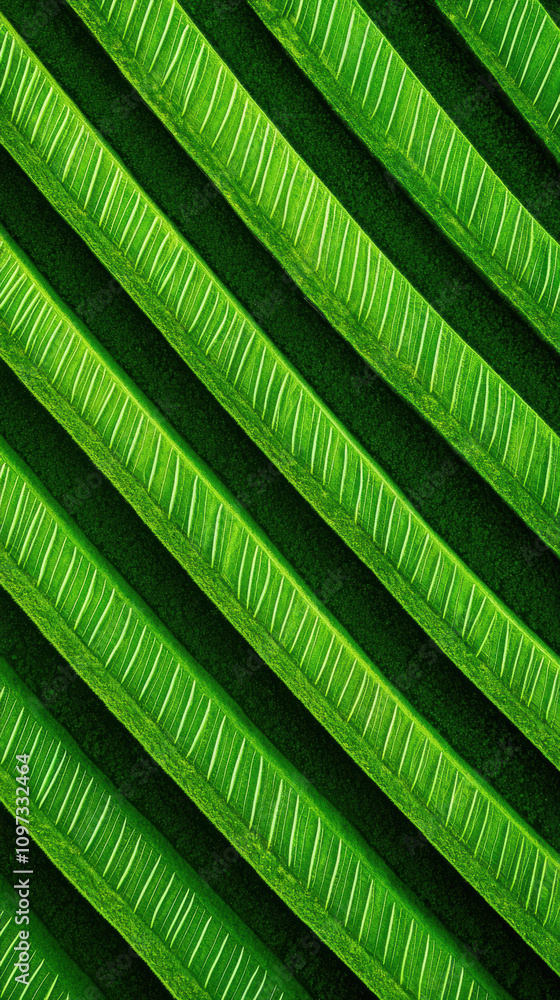 Poster renewable energy market trends concept. vibrant green leaf texture with parallel lines creating a dy