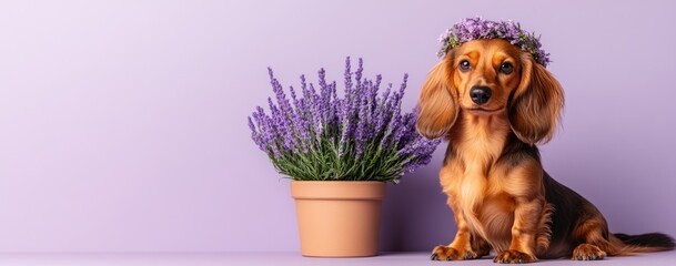 A dog with a flower crown sits beside a lavender plant in a pastel setting.