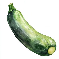 Watercolor illustration of a fresh green zucchini on white.
