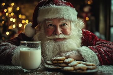 Christmas Day A Santa enjoying milk and cookies left by children on a festive table