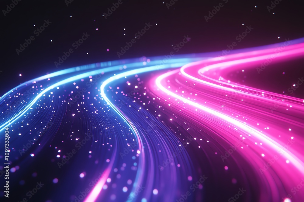 Poster a vibrant abstract design featuring flowing lines of blue and pink light with sparkling effects.