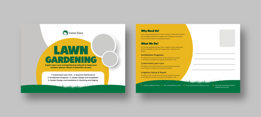 Lawn and gardening services postcard template, garden landscaping design
