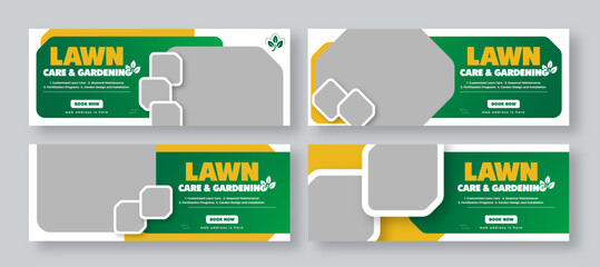 Lawn and gardening services social media facebook cover web banner template set, garden landscaping banner