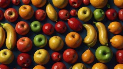 Generate a realistic 3D rendering of isolated fruits such as apples, bananas, and oranges. Each fruit should have lifelike textures, vibrant colors, and soft shadows