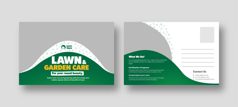 Lawn and gardening services postcard template, garden landscaping design