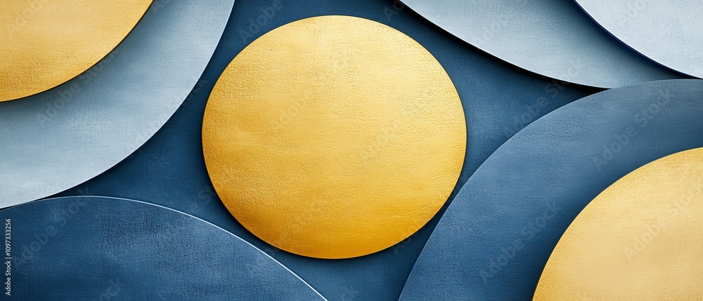 Poster bold geometric abstraction of interlocking gold and blue circles with textured patterns and high con