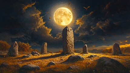 A mystical landscape featuring a circle of ancient standing stones bathed in the light of a massive full moon. The background is composed of dark, swirling clouds tinged with hints of orange and yello