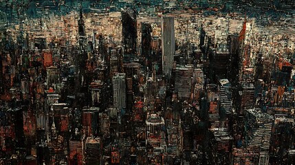 Impressionistic aerial view of a dense cityscape at dusk.