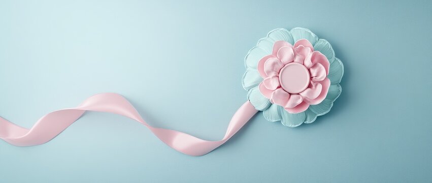 A pastel ribbon rosette with a flower design, suitable for awards or celebrations.