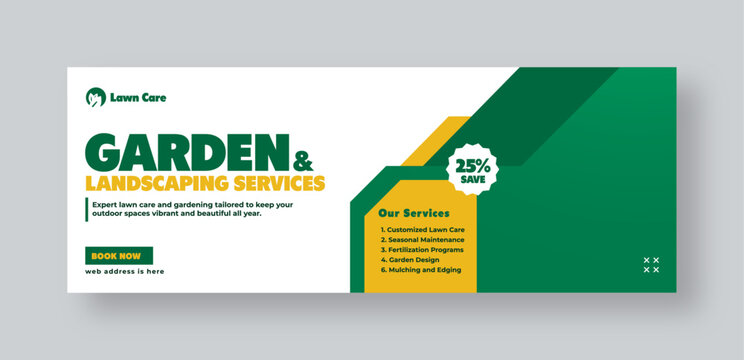 Lawn and gardening services social media facebook cover web banner template, garden landscaping banner