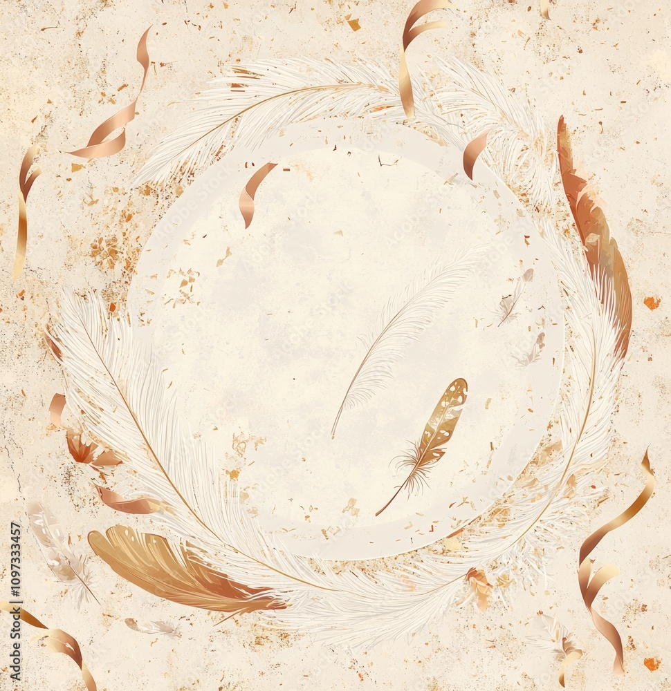 Poster a delicate circular design featuring feathers and soft textures, evoking serenity and nature.