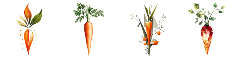 Obraz premium Carrot, transparent background concept. A collection of carrots in various styles featuring distinct colors and leafy tops, showcasing their unique shapes and textures.