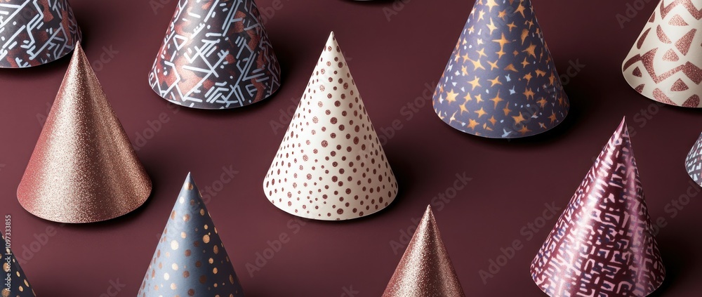Poster a collection of festive party hats in various patterns and colors on a maroon background.