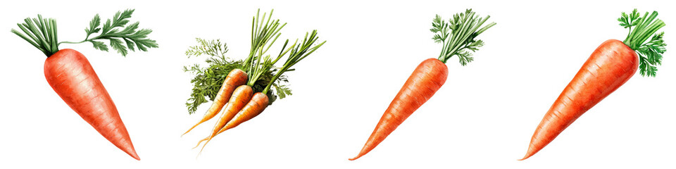 Carrot, transparent background concept. A collection of carrots showcasing different sizes and orientations, highlighting their vibrant orange color and green tops.