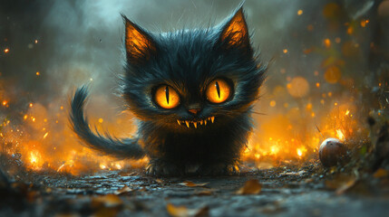 Cute Yet Sinister Little Demon Cat Playing with Fire