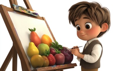 Fototapeta premium A young boy painting a colorful assortment of fruits on an easel.