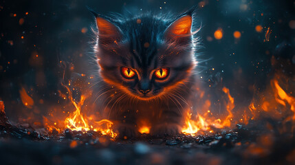 Cute Yet Sinister Little Demon Cat Playing with Fire