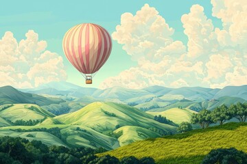 Obraz premium A colorful hot air balloon floats over lush green hills under a bright sky with fluffy clouds, creating a serene and picturesque landscape.