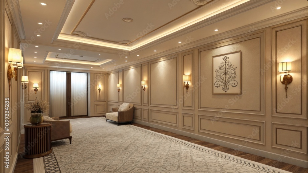 Poster soft ambient lighting emanates from recessed fixtures above and subtle sconces lining the walls crea