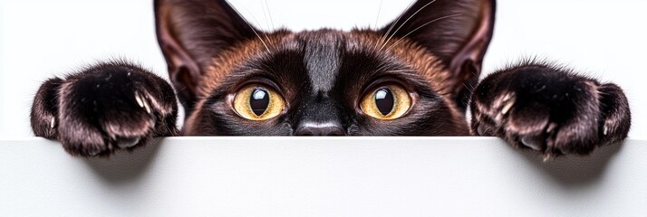 Fototapeta premium A close-up of a cat's face peeking over a surface, showcasing its curious expression.