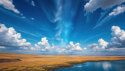 Obraz premium a view of a lake with a sky filled with clouds