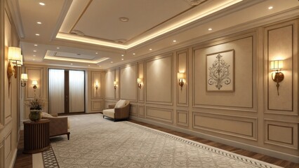 Fototapeta premium Soft ambient lighting emanates from recessed fixtures above and subtle sconces lining the walls creating a warm and inviting atmosphere that encourages relaxation and tranquility.