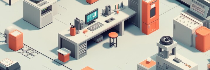 Fototapeta premium A minimalist workspace featuring a desk, computer, and various tools in a clean environment.