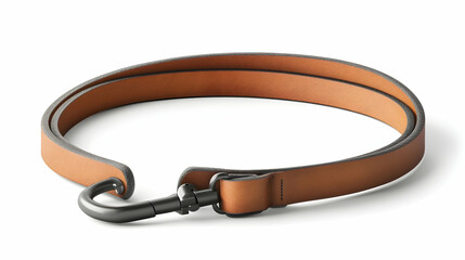 Tan leather strap with dark metal clasp, coiled on white background.