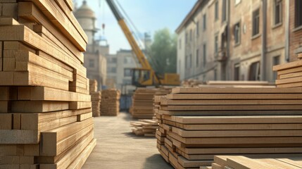 Fototapeta premium Stacked lumber at a construction site near buildings