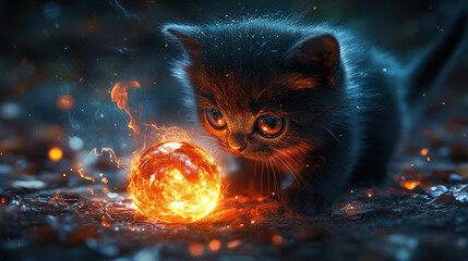 Cute Yet Sinister Little Demon Cat Playing with Fire