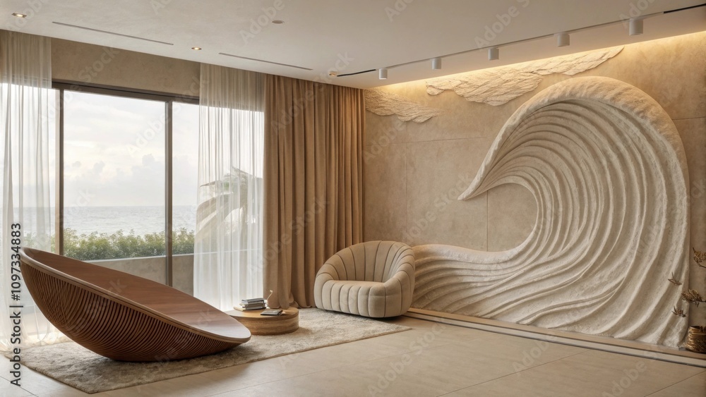 Aufkleber the color palette is soothing dominated by earth tones and soft whites while a large flowing curtain