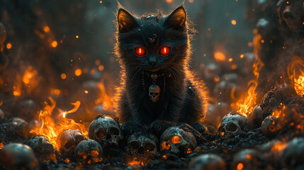 Mischievous Little Demon Cat with Glowing Red Eyes in a Mystical Forest