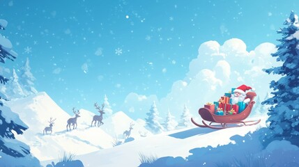Naklejka premium Santa Claus in his sleigh, filled with presents, glides through a snowy winter wonderland.