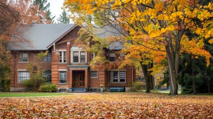 Old brick school building surrounded by autumn-colored trees