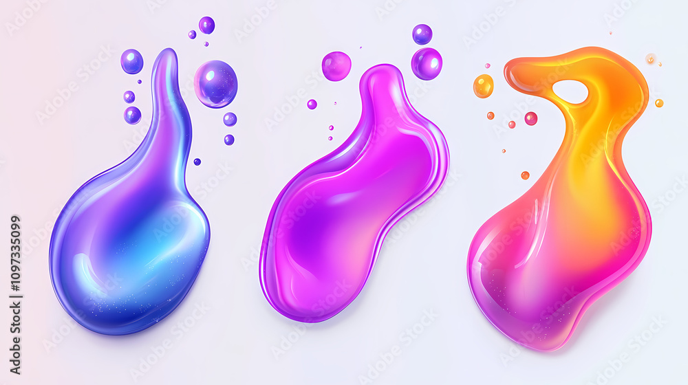 Wall mural set of 3d liquid blobs with abstract colored spheres in motion. vector realistic render of bubbles o