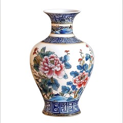 Ornate Porcelain Vase with Floral Design and Blue and White Accents.