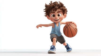 Obraz premium A joyful animated boy dribbling a basketball, showcasing energy and enthusiasm for sports.