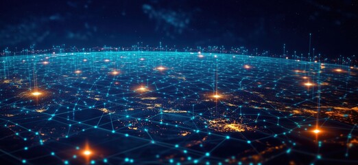 Obraz premium Global network connectivity visualization, digital connections across continents, glowing nodes, interconnected data points, night view, technological advancement
