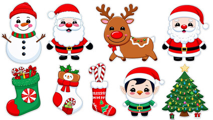 Cute Christmas Character Graphic Set with Snowman, Santa, Reindeer, and More PNG Transparent Background