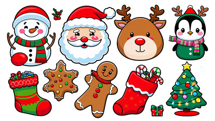 Cute Christmas Character Graphic Set with Snowman, Santa, Reindeer, and More PNG Transparent Background