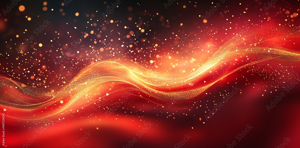Poster A vibrant abstract design featuring flowing waves and sparkling particles in red and gold hues.
