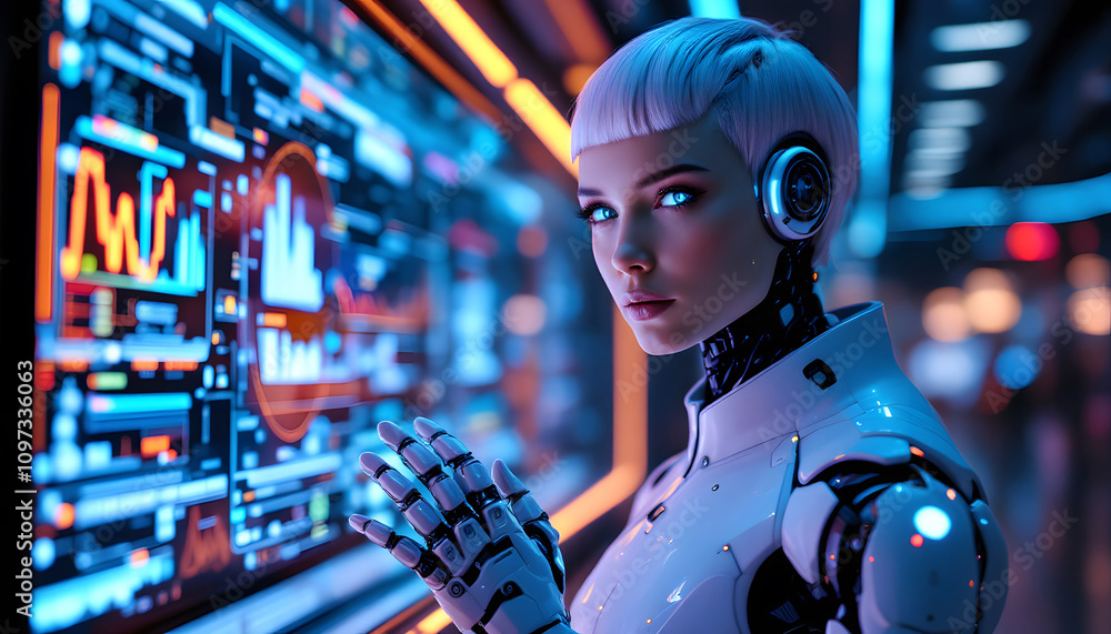 Poster artificial intelligence cyborg analyzing data on advanced holographic displays