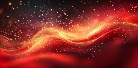 Obraz premium A vibrant abstract design featuring flowing waves and sparkling particles in red and gold hues.