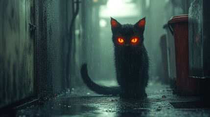 Mischievous Little Demon Cat with Glowing Red Eyes in a Mystical Forest