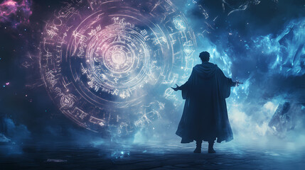 A fantasy wizard standing in a storm of magical energy, captured in a double exposure with swirling runes and arcane symbols. Arcane Energy Storm. Illustration