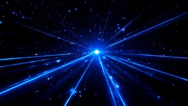 Radiant blue light streams converge at a central point in infinite black space. Dynamic particles scatter across the digital void, creating depth through layered luminous effects. 