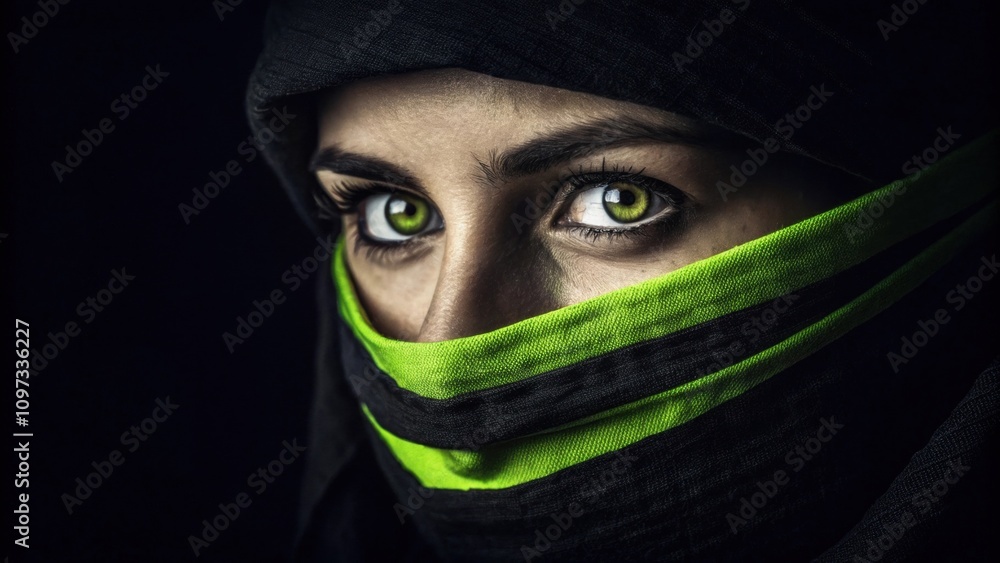 Poster a face emerging from darkness with only the eyes visible while a bright lime green stripe flows acro