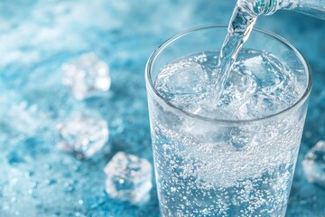 A glass of sparkling water being poured over ice cubes on a blue background.
